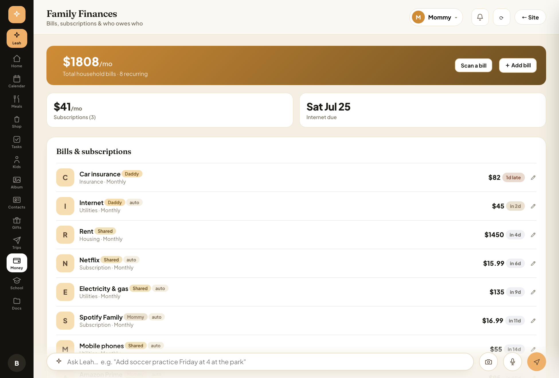The allowance and money tracking screen inside AI Family Organizer