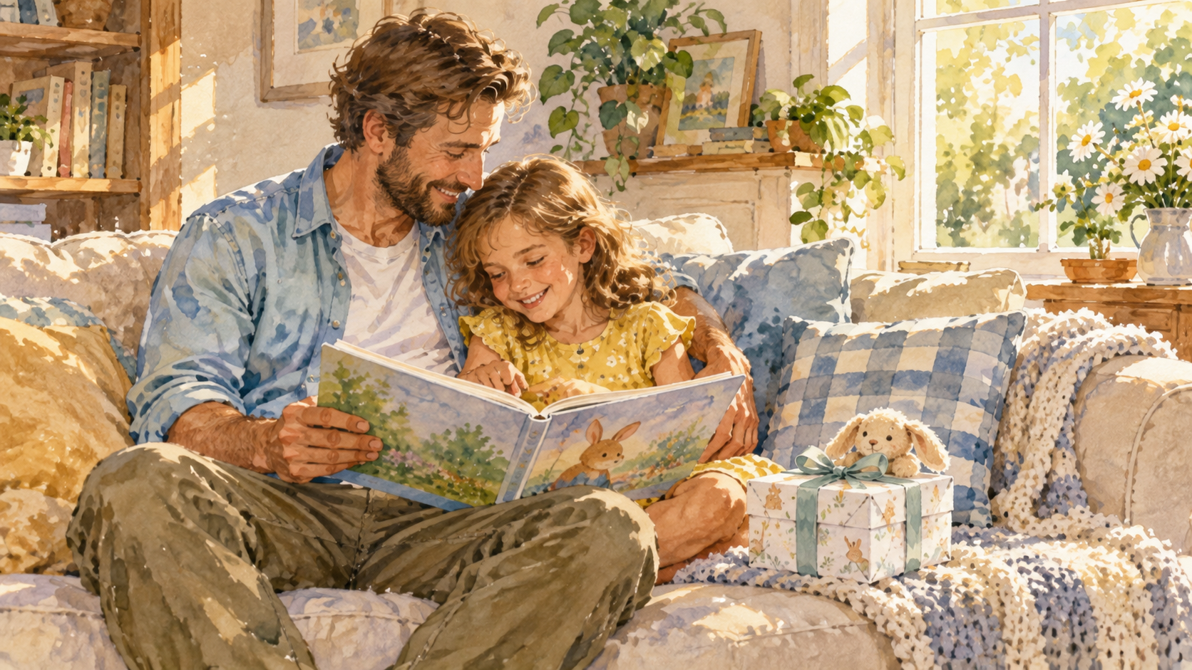 A father reading with his daughter on the couch, a wrapped gift for the new baby beside them