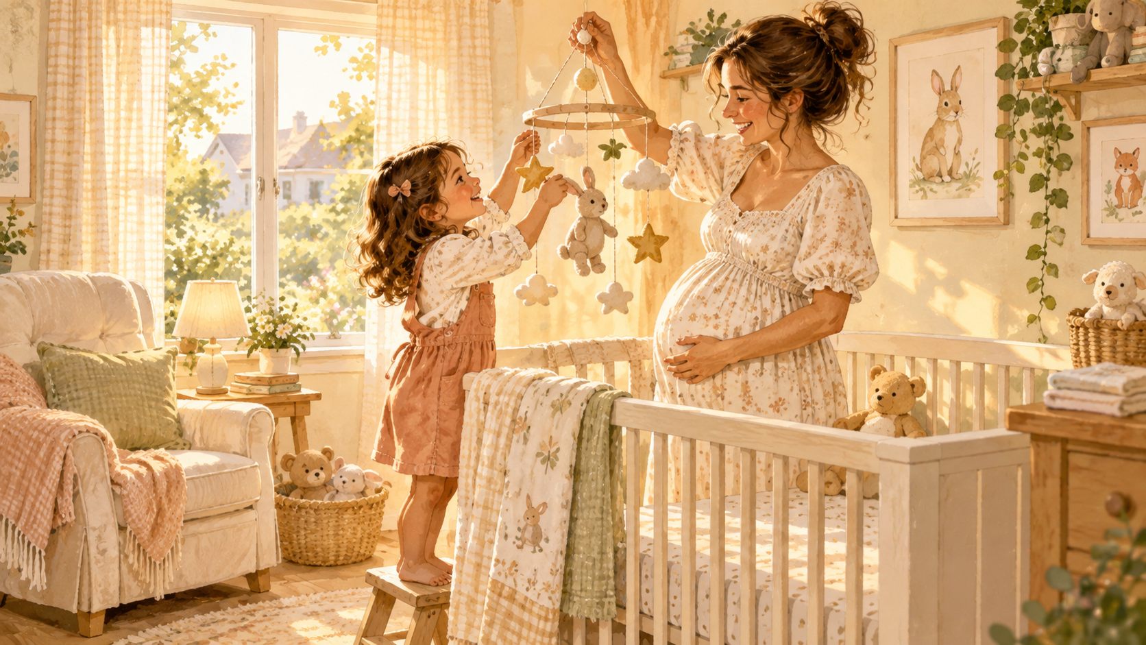 A pregnant mother and her young daughter decorating the nursery together, hanging a mobile over the crib