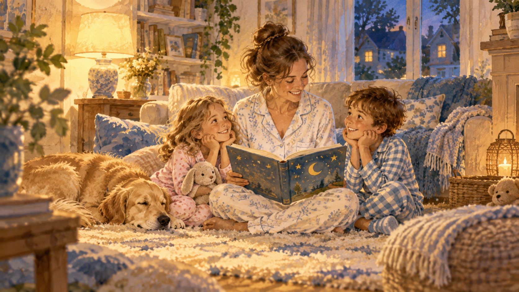 A mother reading a bedtime story to her two children and their dog in a cozy living room