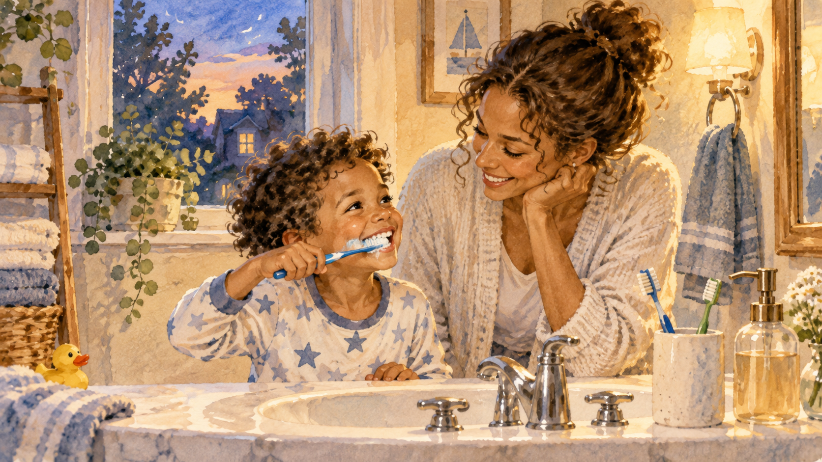 A child brushing their teeth at the sink with a parent nearby in the evening