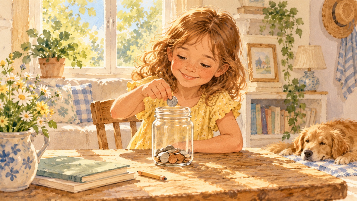A child putting a coin into a savings jar at home