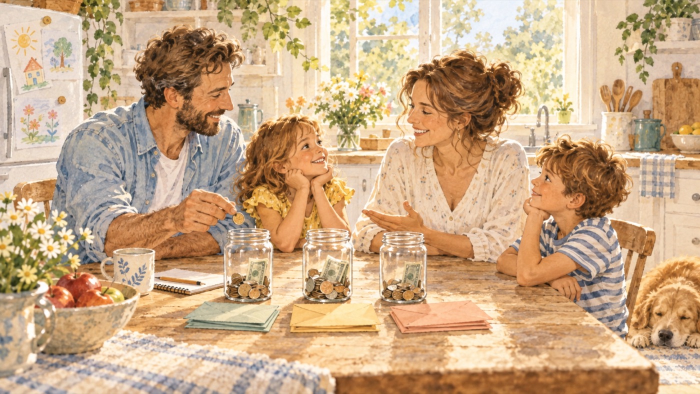A family at the kitchen table with labeled savings jars and envelopes, talking together