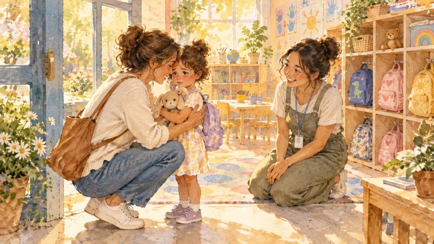 A parent kneeling to say goodbye to their child at a preschool drop-off, teacher waiting nearby
