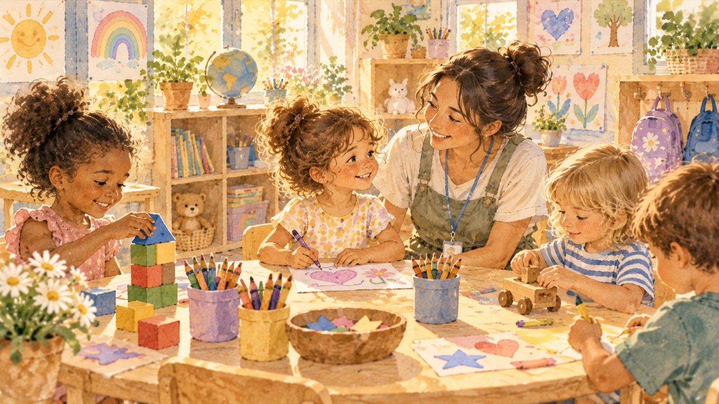 Children happily doing crafts and playing together at preschool with their teacher