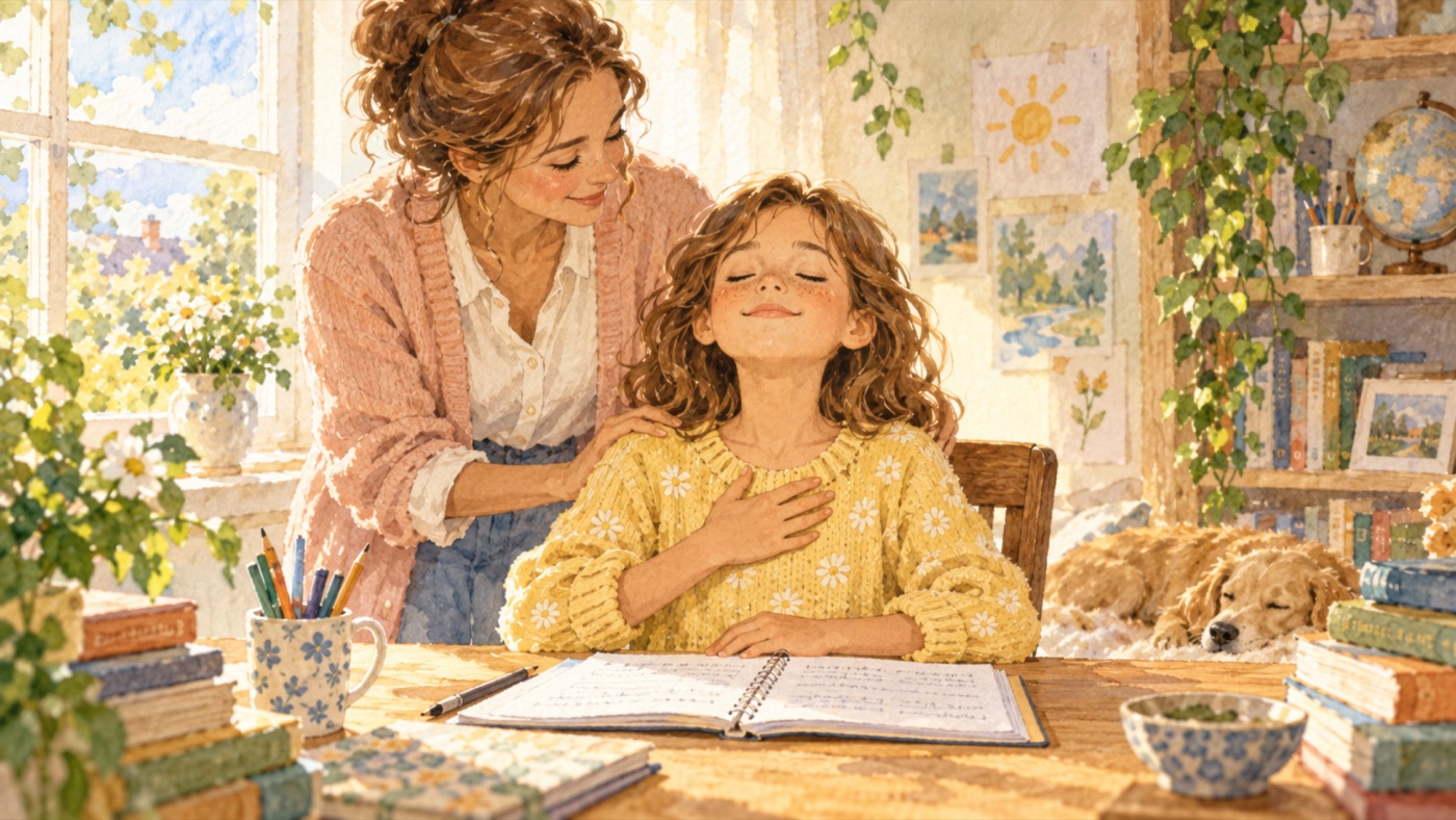 A parent comforting a child at a desk before a test, hand on heart, taking a calming breath
