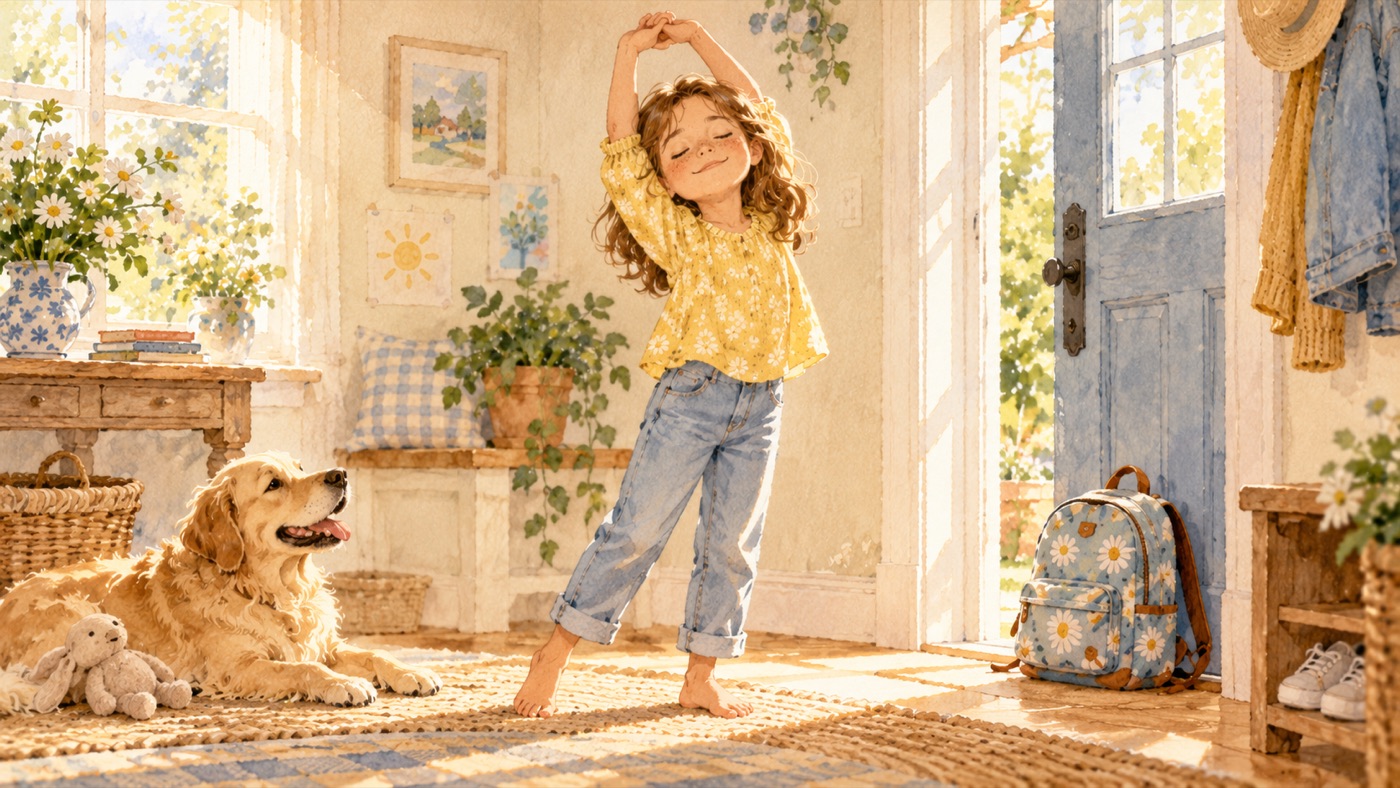 A child stretching happily by the front door with her backpack ready before school