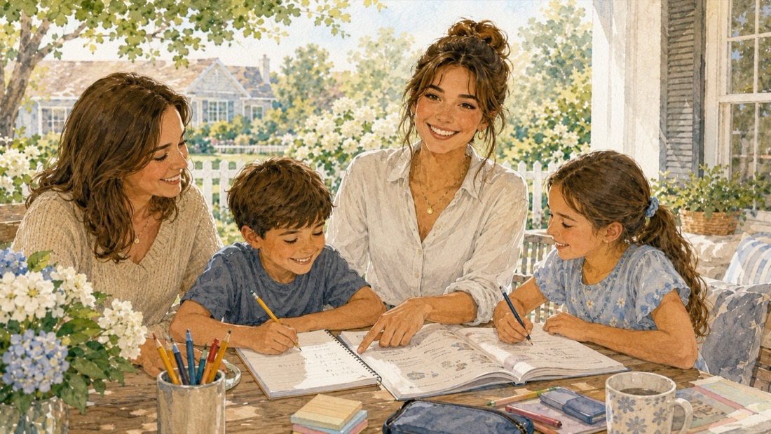 A mother sitting close with her two children at a table, working through something calmly together