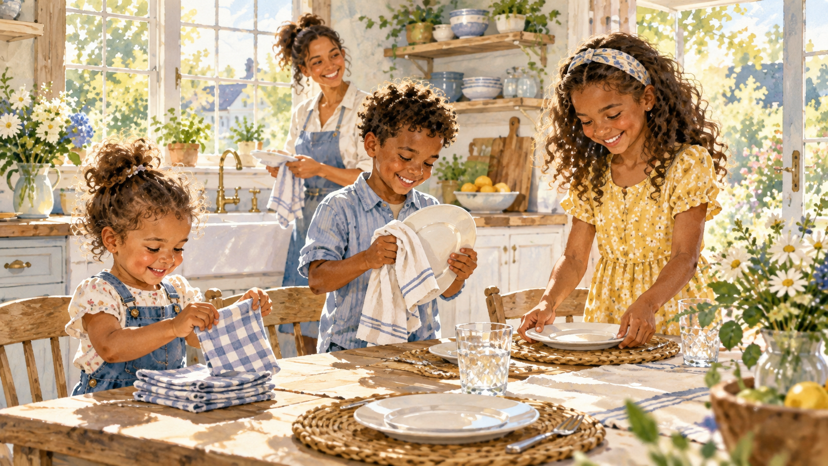 Three children of different ages helping in the kitchen, drying dishes, folding napkins and setting the table