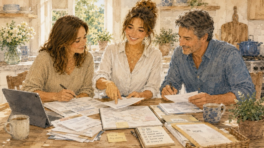 A couple and their teenage daughter going through household paperwork and a calendar together at the kitchen table