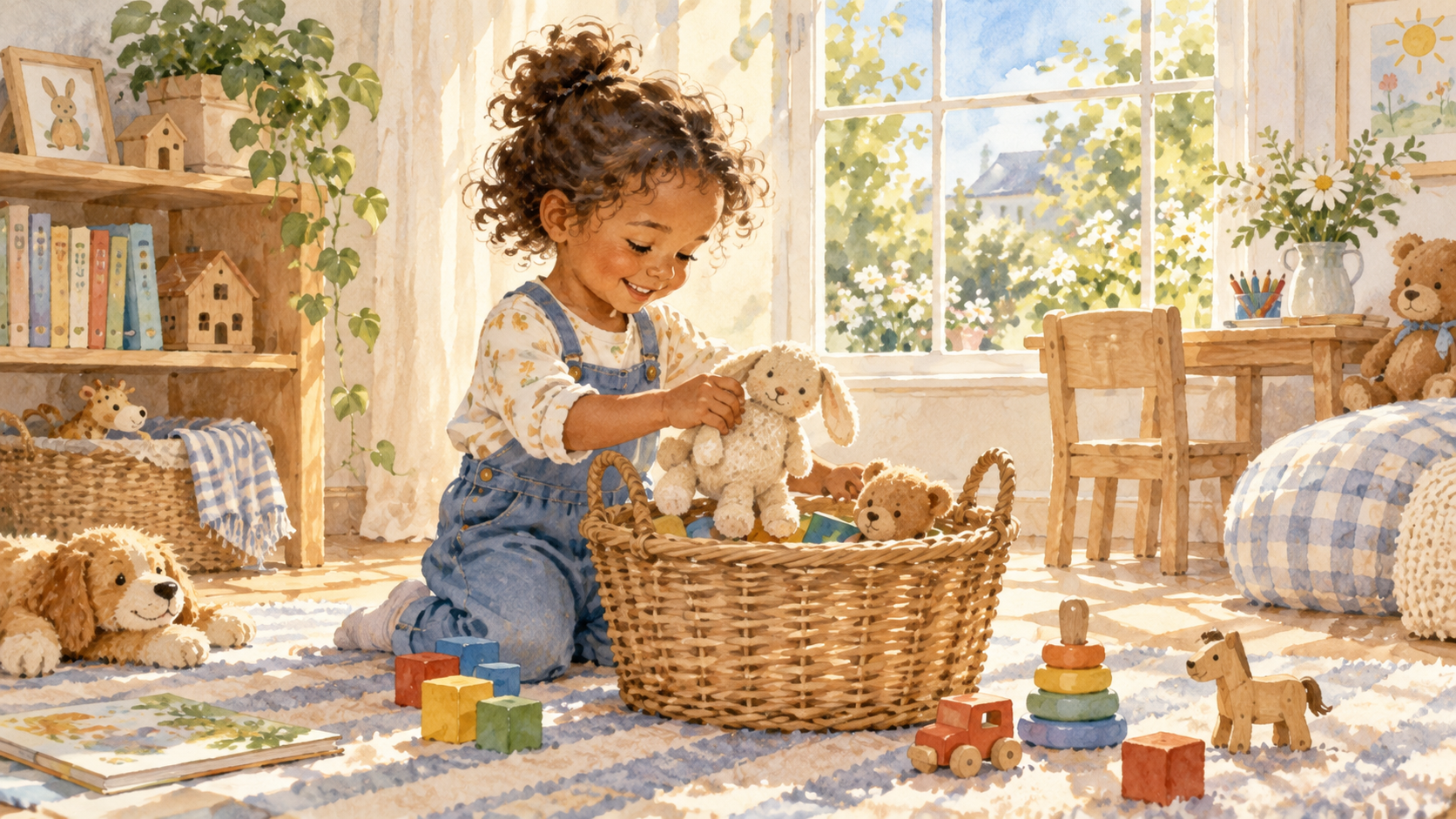 A young child putting toys into a basket in a sunlit playroom