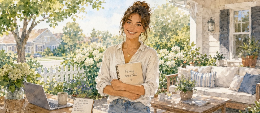 A woman on her porch holding a family assistant notebook next to a laptop and a written daily plan